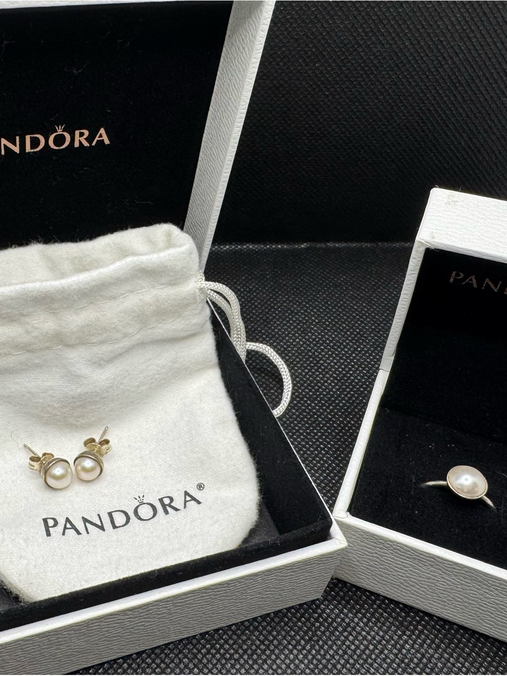 Pandora Silver Pearl Stud Earrings and Size 6 Ring